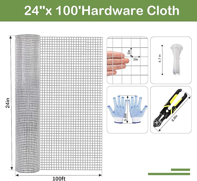 Tongmo 24" x 100' Hardware Cloth, 1inch Mesh Galvanized Chicken Wire Fence, 19 Gauge Welded Wire Roll,Garden Fence, Poultry Netting for Rabbit/Duck/Chicken Coop