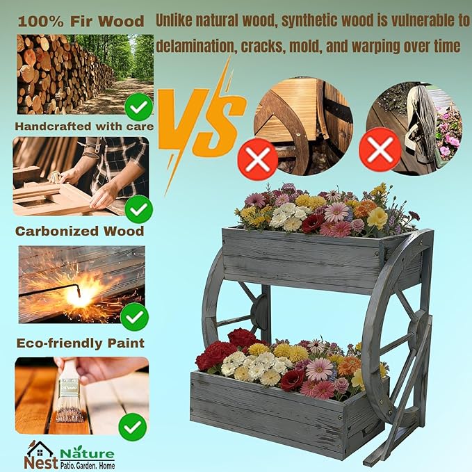 2 Tier Medium Wooden Wagon Planter Box|Outdoor Planter/Flower Pot for Indoor&Outdoor Plants-Rustic Garden Planter for Patio,Porch&Garden Decor-Raised Garden Bed for Succulents,Herbs,Vegetables