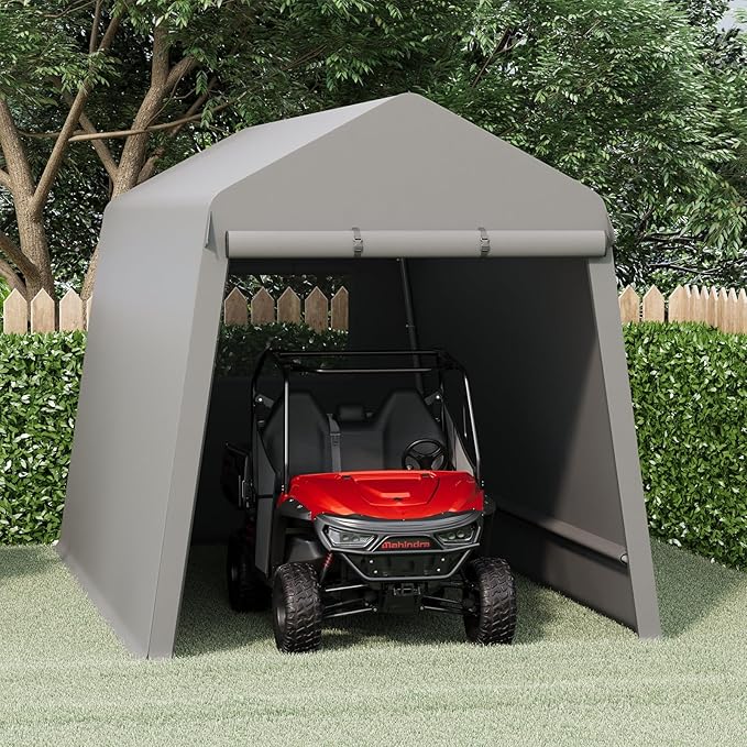 GarveeLife 7X12 ft Heavy Duty Outdoor Shed,Portable Storage Shed,with 2 Rolled Up Zipper Doors,Vents Carports & Waterproof Cover Temporary Shelter for Motorcycle,Gardening Tools and Generator(Grey)