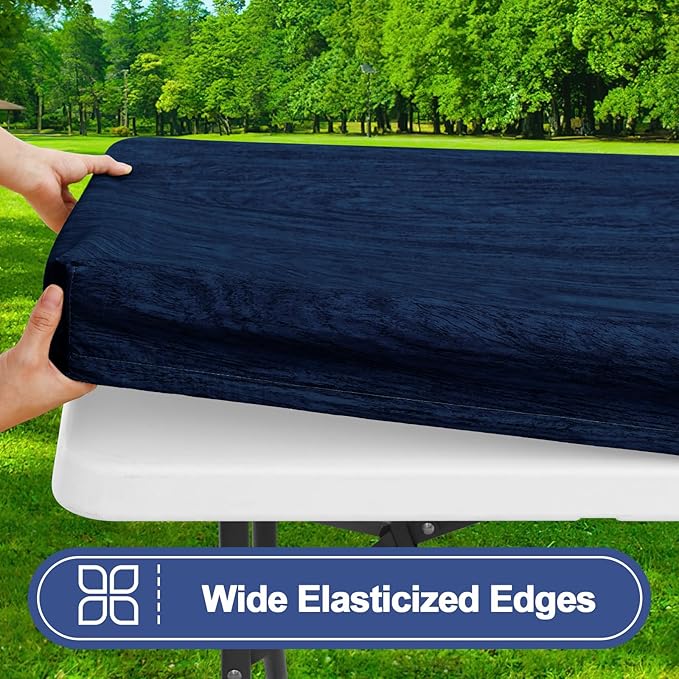 Smiry Picnic Table Cover with Bench Covers, Waterproof Elastic Fitted Tablecloth for 5 Foot Tables, Washable Polyester Tablecloths for Camping, Indoor & Outdoor (Navy & Black, 30x60 Inch 3-pc Set)