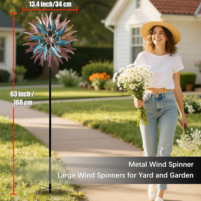 Large Wind Spinners Outdoor Metal, 360° Double-Layer Garden Wind Spinners Sculptures, 63" ×13.4", Kinetic Pinwheels for Yard and Garden Patio & Lawn (Blue Copper)
