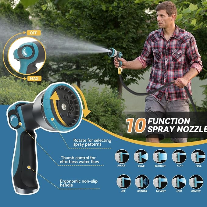 Non-Expandable Garden Hose 50 ft Kink Free Flexible Water Hose with 10-Pattern Spray Nozzle, 3/4" Brass Connectors,Leak Proof,Abrasion Resistant Hose for Lawn, Yard, Car Washing, and Outdoor Use