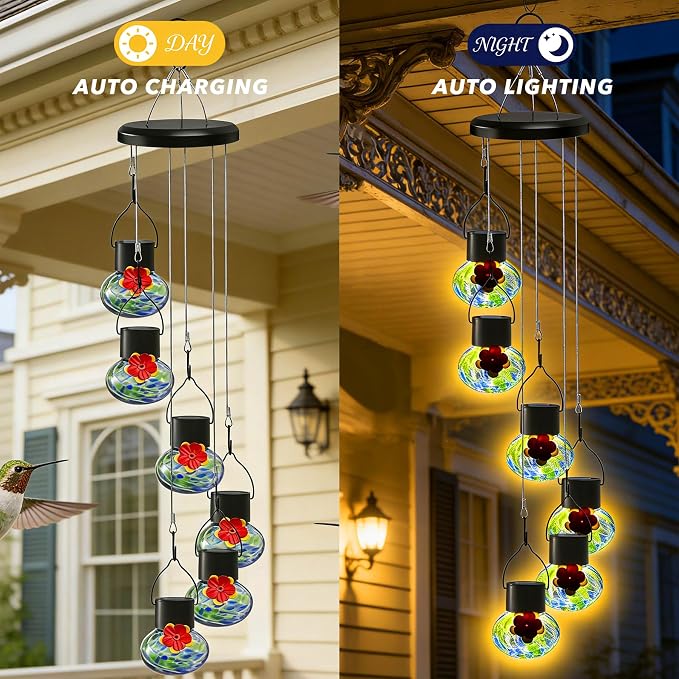 Solar-Powered Hummingbird Feeder with Wind Chime Elegance – 6 Leak-Proof Glass Ports, Frosted Design & Blue Green Night Lights – Perfect Outdoor Gift for Nature Enthusiasts