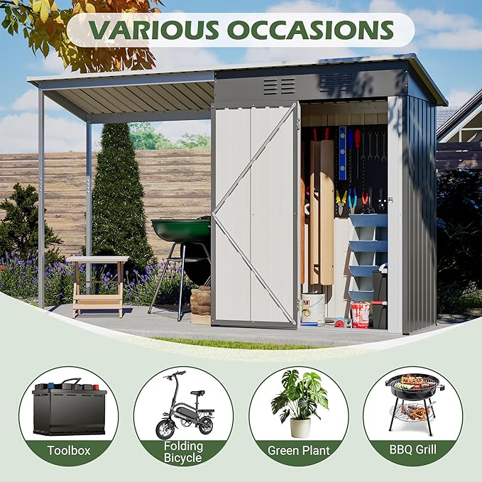KEIKI Storage Shed 5x3 FT, Small Metal Tool Shed with Gazebo for Outdoor Storage, Galvanized Steel Garden Shed with Lockable Doors for Patio, Backyard, Lawn, Grey