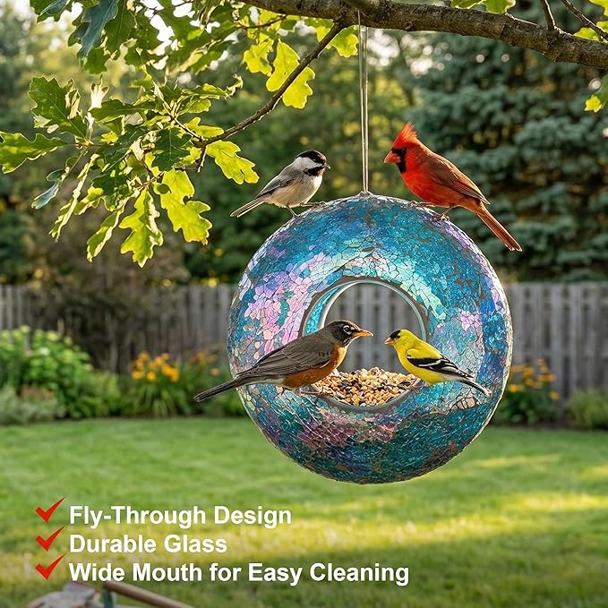 Topadorn Mosaic Bird Feeder Fly Through Hanging Birdfeeder for Wild Bird, 9-Inch Blue Bird Feeder for Gardens, Yards, Decks to Attract Wild Birds