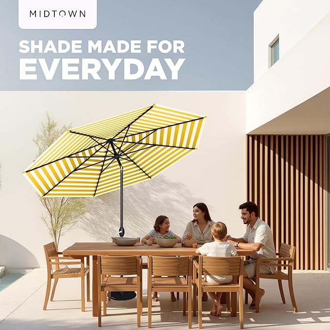 Midtown Umbrellas - 10-Year-No-Fade 10 Ft Patio Umbrella with Terylast Fabric, Auto-Tilt Aluminum Frame and 8 Reinforced Ribs for Deck, Pool, Garden & Beach - White/Yellow Stripes Canopy, Black Pole