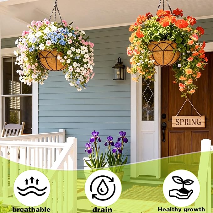4 Pack 14 Inch Black Wire Hanging Planter with Coir Fiber Outdoor Round Hanging Basket with Metal Chain for Balcony Porch Farmhouse Country Style Garden Decor (Lotus Pattern)