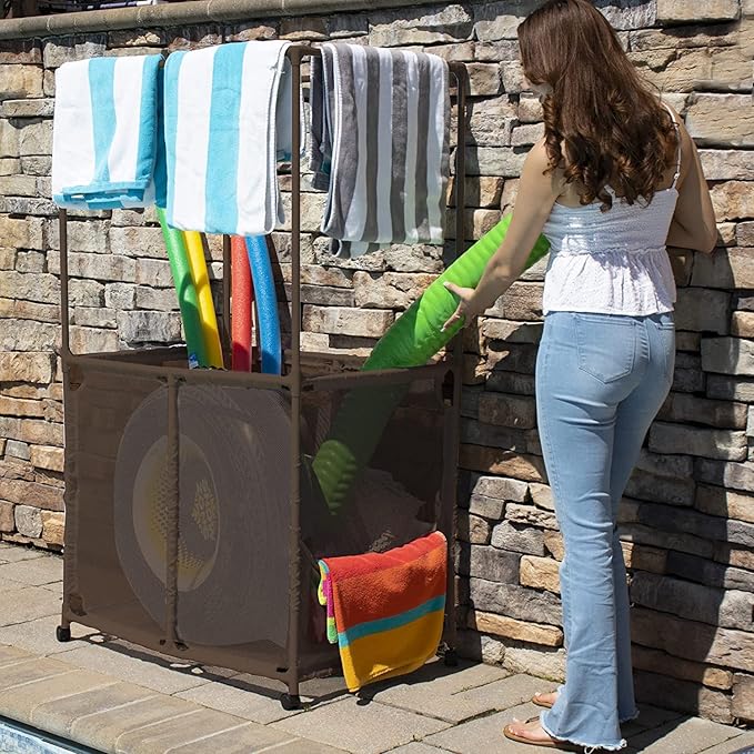 Pool Equipment Holder with Towel Drying Bars, Mesh Rolling Multi Use Storage Organizer Bin, Large Towel Hanger (25" L x 34.5" W x 62.6" H), Brown