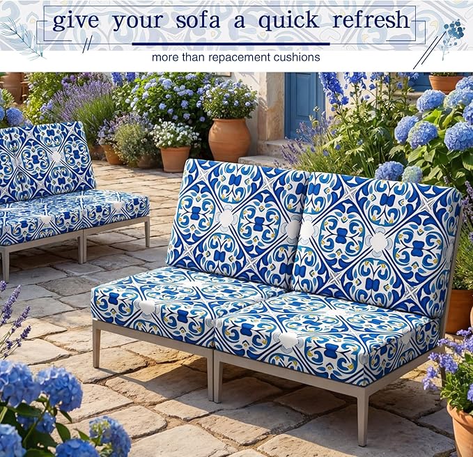 Newwiee 12 Pcs Patio Cushion Covers Outdoor Stretch Sofa Couch Cover Replacement Couch Slipcover Sofa Seat Chair Porch Patio Furniture Protector, Flexibility Washable(Blue Series,Retro)