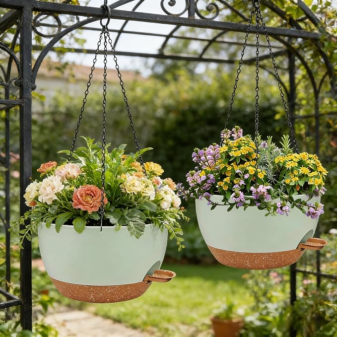 12" Self Watering Hanging Planters, Green Brown, 2 Pack | With Chains