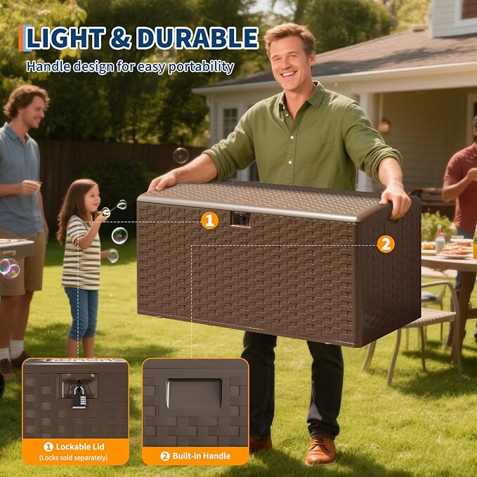 Garvee 100gal Outdoor Storage Box, Lockable Plastic Deck Box with Lid, Waterproof & UV-Resistant Storage Bin for Patio Cushions, Garden Tools & Pool Accessories, Brown