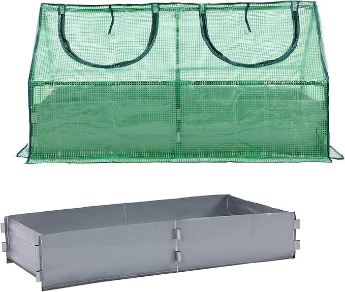 BPS 4x2x2 FT Raised Garden Bed with Green PE Cover, Portable Mini Greenhouse with 2 Zipper Windows for Patio, Garden, Yard