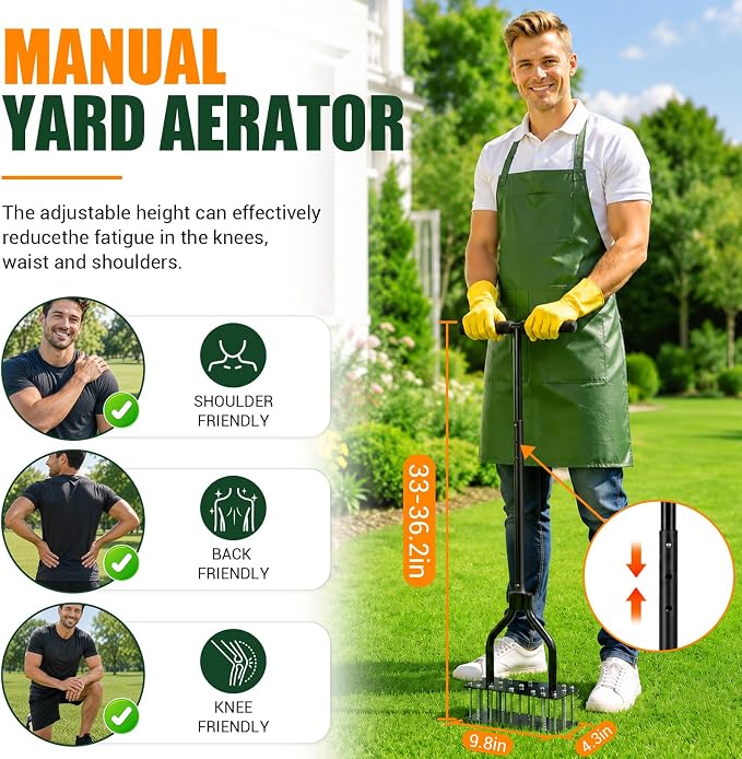 Lawn Aerator Tools, 3 Height Manual Yard Aerator with Self-Cleaning Design | Heavy Duty Adjustable Lawn Air Aerator Tool with 15 Long Iron Spikes, for Lawn Care, Hard Soil Loosening and Yard Aerating