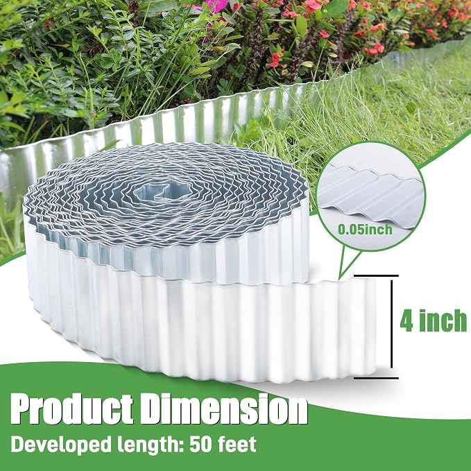 Quibbay Metal Corrugated Garden Edging, 4" x 50Ft Garden Edging Border for Garden and Flower Bed, Landscape Edging for Grass Barrier, Sidewalk, Lawn and Yard, Silvery