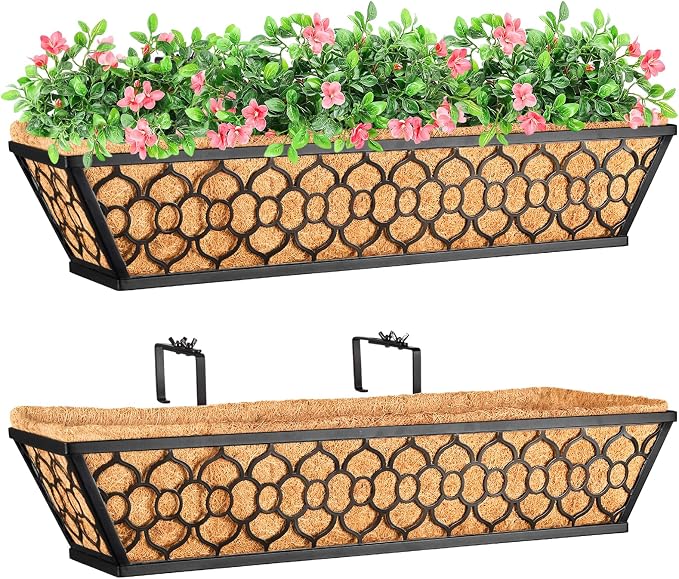 Riare 2 Pack 23 Inch Window Boxes Planters with Coco Liner, Metal Deck Railing Planter Boxes, Balcony Planters Railing Hanging, Horse Trough Window Flower Planter Boxes for Outdoor Porch Fence Patio