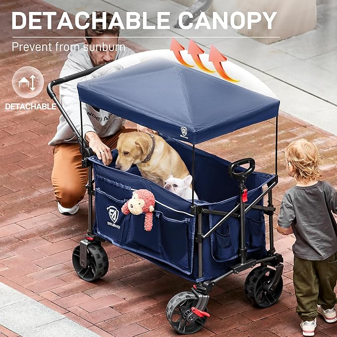 EVER ADVANCED Folding Push Wagon with Canopy, Portable Shopping Cart with Brakes, Collapsible Wagon Cart with All-Terrain Big Wheels for Camping, Beach, Sports