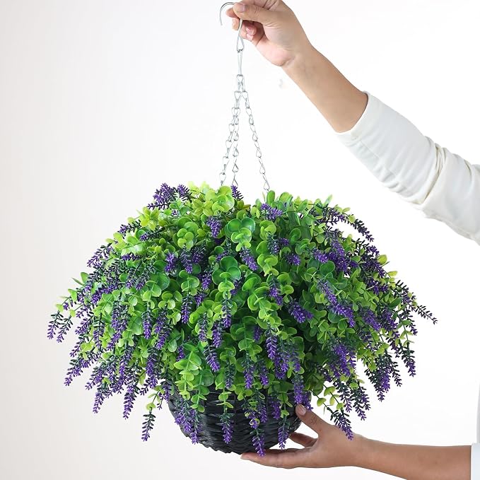 VIERENA Artificial Lavender and Eucalyptus Leaves Hanging Basket - 2 Set for Outdoor Decorations,Fake Flower Hanging Basket UV-Resistant for Porch, Home Garden, Farmhouse, Eaves, Yard Decor