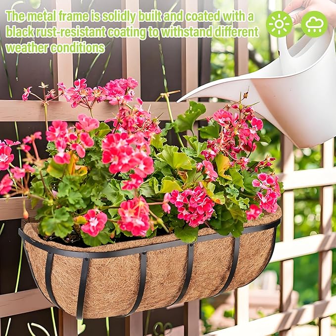 Legigo 4 Pack 16 Inch Window Boxes Railing Planter Box with Coconut Liner, Balcony Railing Planter Horse Trough Deck Window Planters, Metal Railing Hanging Flower Baskets for Outdoor Porch Fence Patio