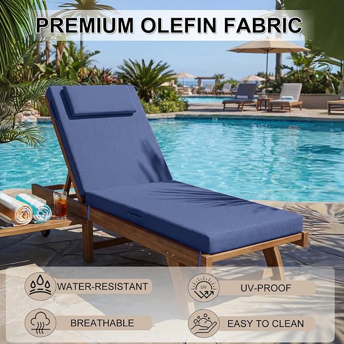 Outdoor Chaise Lounge Cushions, 72x21 Inch Olefin Water & Fade Resistant Pool Lounge Chair Cushions, Patio Sun Lounger Pad with Pillow & Straps for Patio, Pool, Deck, Lawn, Navy Blue