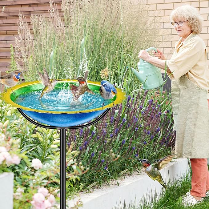 Metal Bird Bath for Outside, Garden Birdbath Bowl Freestanding Bird Feeders for Outdoors with 4 Prongs Base Stake, Standing Birdfeeders for Yard Lawn Decor (Blue Yellow)
