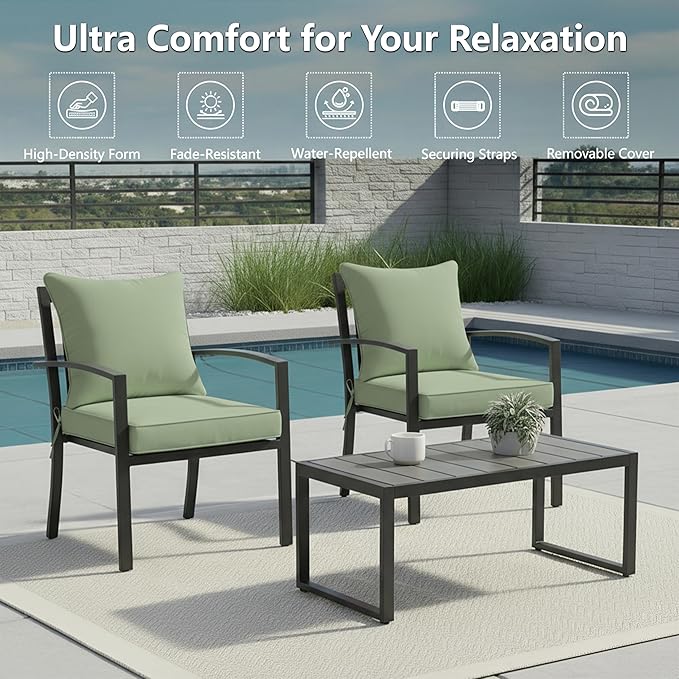 22x22 Inch Patio Chair Cushions Set of 2, Outdoor Furniture Cushions - Removable Cover, Water-Repellent, Fade-Resistant, Non-Slip Bottom & Straps, Replacement for Lawn, Porch & Deck Chair - Sage Green
