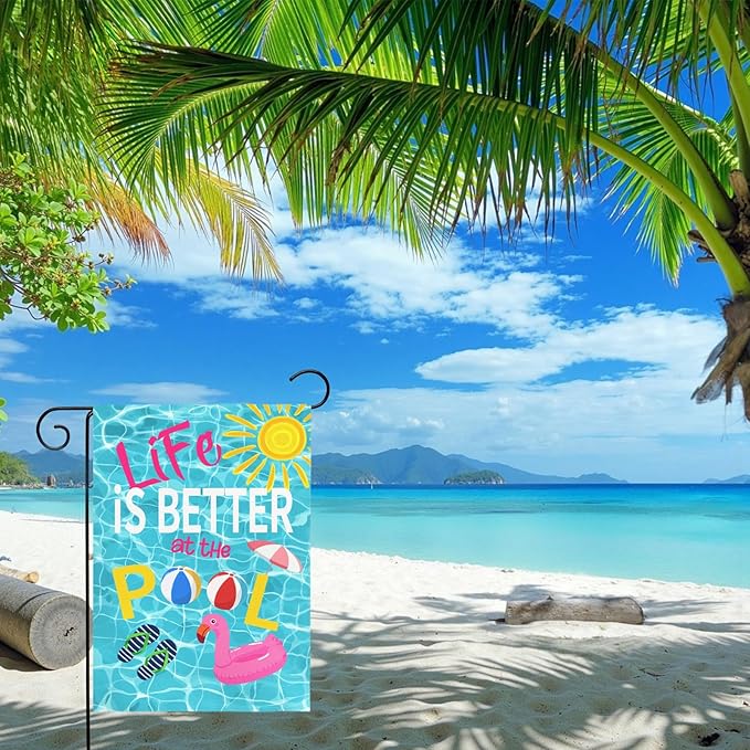 Life Is Better at the Pool Garden Flag Summer Pool Party Outdoor Decor Double Sided Swimming Pool Flags Flamingo Beach Ball Sunshine Yard Banner Lawn Patio House Poolside Decor 12x18 Inch