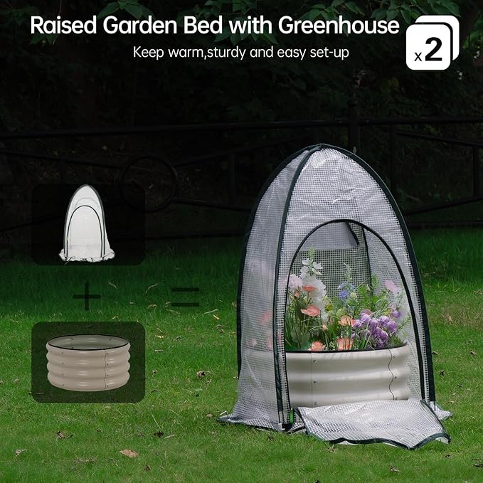 Riased Garden Bed with Greenhouse Cover, Raised Planter Box (2pcs 24in Round Garden Bed &Greenhouse Set)