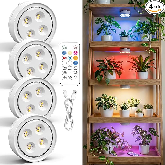 4 Pack Rechargeable Grow Light with Timer, 3000k 6500k Cordless Magnetic Plant Lamp for Indoor Growing, Full Spectrum Lighting with Remote, Stepless Dimming for Plant Shelf Greenhouse