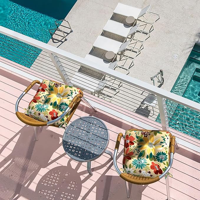 LVTXIII Outdoor/Indoor Tufted Seat Cushion, Decorative Wicker Chair Pads All Weather Seat Cushion Sets for Patio Garden Home Office Furniture, 19"x19"x4", Round Back, Pack of 2, Flower Multi