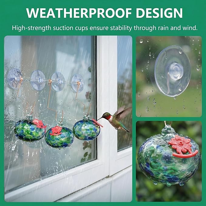 QFkris Set of 3 Blown Glass Hummingbird Feeder with Suction Cups for Window, Small Hummingbird Feeder with Flower Feeding Ports for Outside Garden Backyard Decor, Gifts for Women Mom(Green)