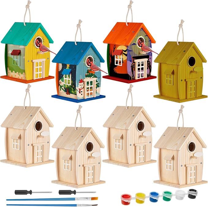 Liliful 8 Pack Wooden Bird House, Build It Yourself Woodworking Kit for Adult Kids 4-8, 8-12 with Paint and Paintbrushes, Solid Weather Proof Natural Pine Wood, Pre Drilled (Rural Style)