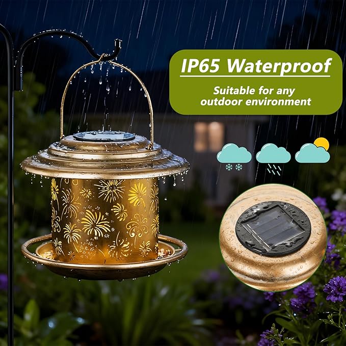 Solar Bird Feeders for Outdoors, Weatherproof Metal Bird Feeder, Outside Hanging Birdfeeder Lantern with Flowers Pattern for Courtyard Garden Decoration