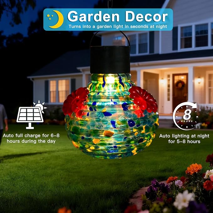 VOREEN Solar Hummingbird Feeder with Solar-Powered LED Light, Hand-Blown Glass 17 oz Hanging Outdoor Nectar Feeder, Waterproof Rust-Proof Easy-Clean Design, Eco-Friendly Garden Decor