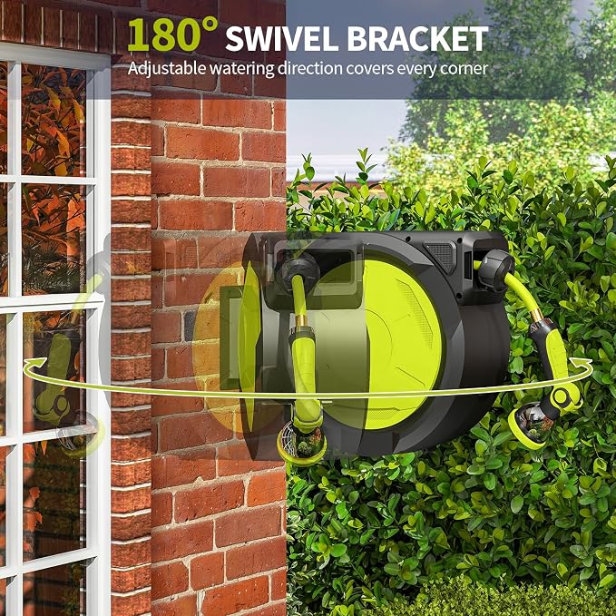 Retractable Garden Hose Reel - 1/2 inch x 50ft Wall Mounted Hose Reel with 3/4 inch Brass Fitting & 10 Function Sprayer Nozzle - Any Length Lock, Auto Rewind System, 180°Swivel Bracket - Black