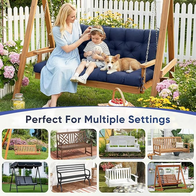 Porch Swing Cushions 60 Inch Waterproof,2 3-Seater Replacement for Outdoor Furniture with Backrest and Straps, Thick 4" Swing Seat Bench Cushion for Loveseat Glider Bench Patio Lawn Backyard