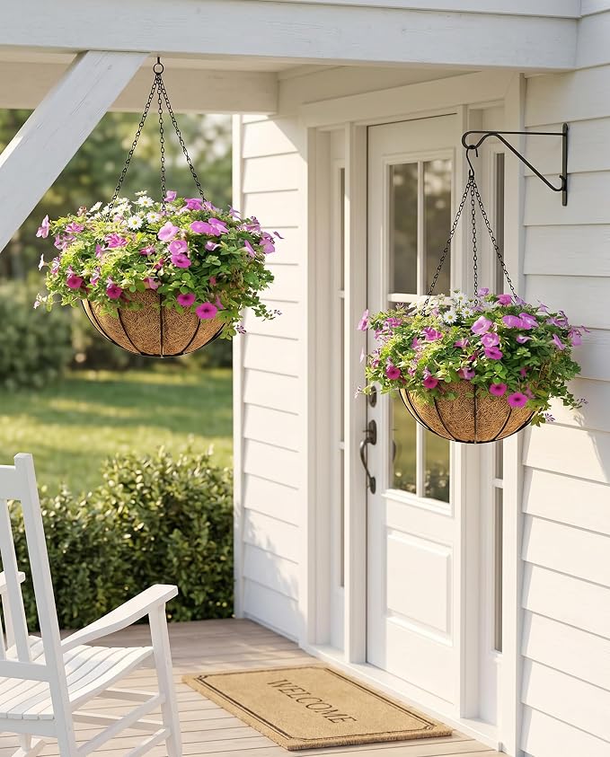 Kingbuy 10 Inch Metal Hanging Planter Basket with Coconut Liner Wire Plant Holder Watering Flower Baskets Round Pot Hanger Garden Decoration for Indoor Outdoor
