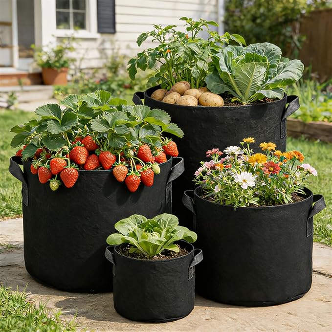 5 Pack 3 Gallon Fabric Grow Bags, Heavy Duty 300G Thickened Aeration Nonwoven Fabric Garden Pots with Handles, Planting Bag for Tomato, Potato, Strawberry, Vegetable, Fruits and Flowers