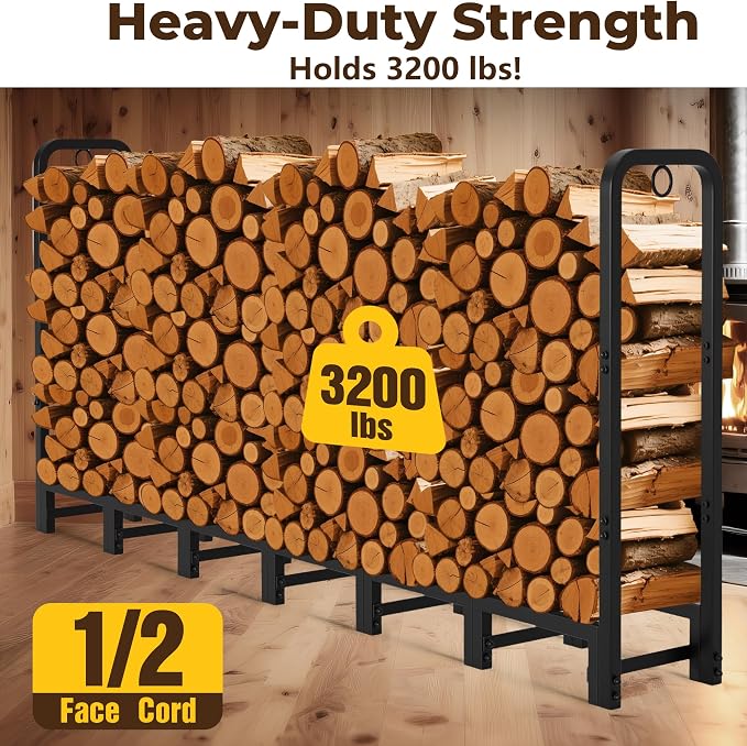 Amagabeli 8ft Firewood Log Rack Outdoor Heavy Duty Logs Holder for Fireplace Indoor Outdoor Adjustable Wood Racks for Fire Wood Holder Metal Pile Stand Storage Stacker Organizer Black