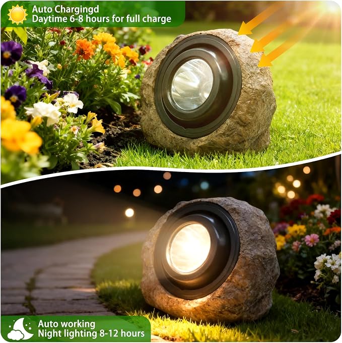 Solar Rock Lights Outdoor,2 Pack IP65 Waterproof LED Solar Brown Garden Stone Spotlights,Warm White & Cool White Switchable,Auto On/Off Landscape Lights for Pathway Walkway Yard Patio