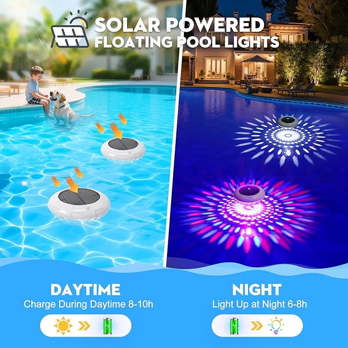 Floating Pool Lights with Remote, 6.5 Inch RGB Solar Pool Lights with 9 Dynamic Lighting, IP68 Waterproof, Hangable Solar Floating Light for Pools Party Garden (2 Pack)