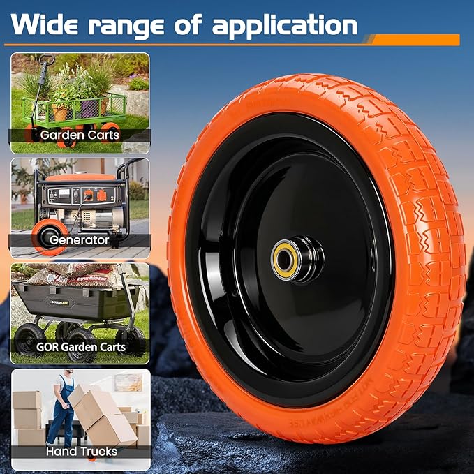 13" Flat Free Wheels Replacement for GOR Garden Cart Tires and Wheels, 4.00-6 Solid Tires and Wheels with 5/8"Bearings, 13" No Flat Wheels for GOR Garden Carts/Hand Trucks/Garden Carts（Orange）