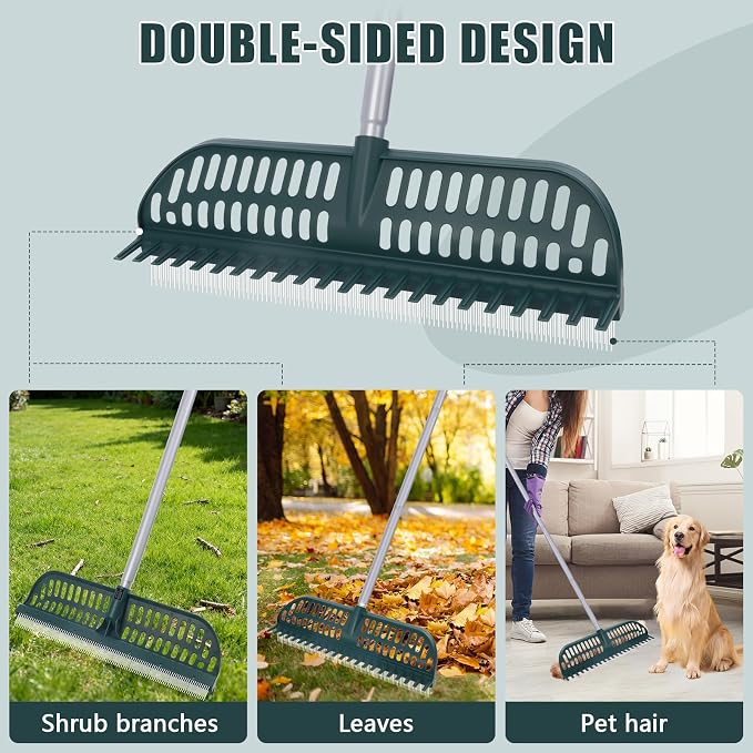 Artificial Turf Rake with 18in Widen Double-Sided Heads, 32-61 Inch Turf Brush Grass Rake for Artificial Grass, Turf Grass Broom for Garden Lawn Artificial Turf Leaves Pet Hairs