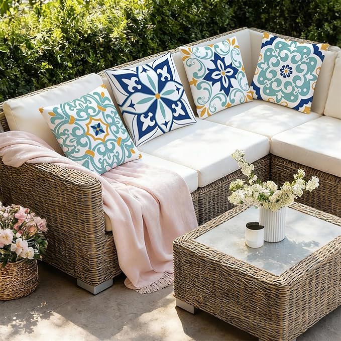 Outdoor Waterproof Throw Pillow Covers 18x18 Set of 4 Floral Boho Decorative Cushion Cases for Patio Furniture Garden Porch Bench Couch Sunbrella
