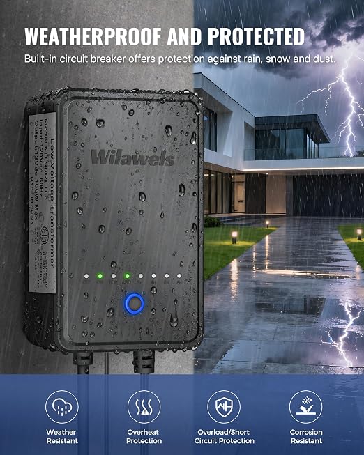 100W Low Voltage Landscape Transformer, Weatherproof Outdoor Low Voltage Transformer, 120V AC to 12V DC, Landscape Lighting Transformer with Timer and Photocell Sensor, ETL Listed A02LT06