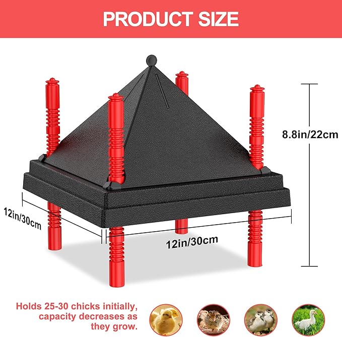 Chick Brooder Heating Plate with Anti Stand Cone, Adjustable Height Brooder Heater for Chicks, Downward Heat Distribution for Outdoor Barns & Coops (12" x 12" Black)