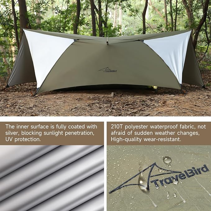 Ultralight Tarp, 14ft Hammock Rain Fly Lightweight Waterproof Camping Tent Tarp with Doors, Bushcraft Tarp Shelter for Backpacking Hiking Camping