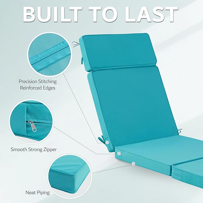 72 x 21 Inch Outdoor Chaise Lounge Cushions Set of 4 - Removable Cover, 4-Section Design, Water-Repellent & Fade-Resistant, 6 Tie Straps, Replacement for Patio & Pool Chairs - Teal