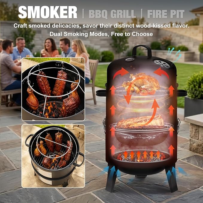 16" Charcoal Smoker, 3 in 1 Heavy Duty Vertical Barbecue Grill, Outdoor Fire Pit 402 Square Inches Cooking Area, Versatile Outdoor Smoker Grill, Black