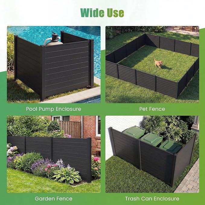 HAPPYGRILL Air Conditioner Fence, 6 Panels Outdoor Privacy Screen with Metal Stakes, No Dig Pool Equipment Enclosure, 48" x 38" Trash Can Screen Fence Kit for Outside Backyard, Black