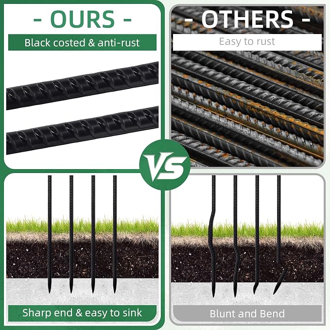 16 Inch Ground Spikes, Rebar Stakes, 1/2 Ground Stake, Galvanized Anchors, Metal Stakes for Ground (16Pcs, Black)